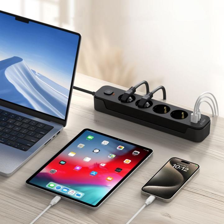 Image du produit Tech-Protect PCL4X3 Power Strip 4 Sockets 240V + 2xUSB-A + 1xUSB-C 200 cm - Noir (2 x, USB-A, USB-C, 2 m)