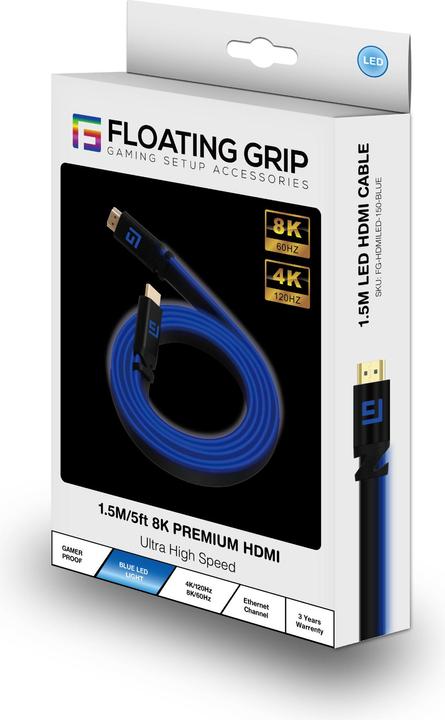 Actual product image Floating Grip HDMI Cable High Speed 8K/60Hz LED 1.5m blue (1.50 m, HDMI)
