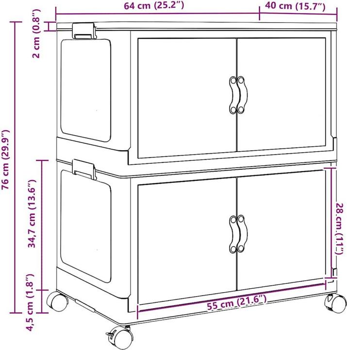 Immagine prodotto VidaXL Contenitore con ruote Impilabile a 2 livelli 75 L 65 x 40 x 76 cm (65 x 40 x 76 cm, 75 l)