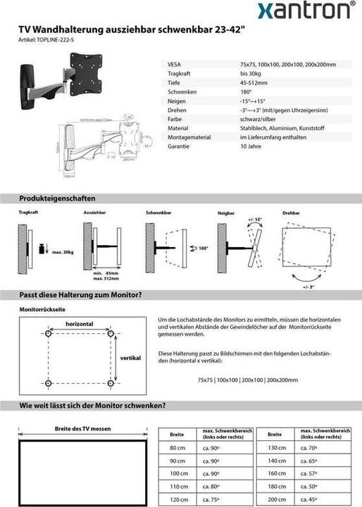 Immagine prodotto Xantron Supporto da parete per TV girevole (Muro, 42", 30 kg)