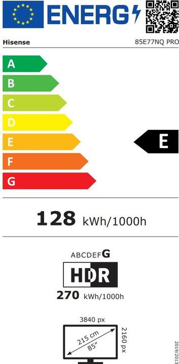 Label énergétique Hisense TV Téléviseur QLED "85E77NQ PRO", 214,78 cm/85 pouces, 4K Ultra HD, Smart-TV, 4K UHD, QLED (85", LCD, 4K, 2023)