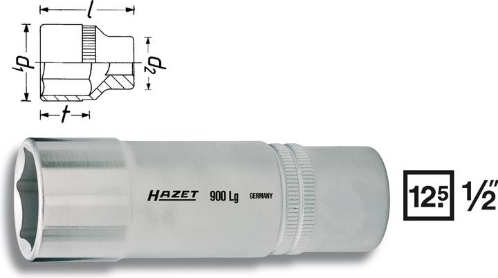 HAZET Socket ∙ hexagon 900LG-14 ∙ Square, hollow 12.5 mm (1/2 inch) ∙ Outside hexagon traction prof… (14 mm)