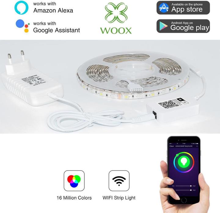 Actual product image Woox Smart LED Strip +Adapter RGB+WW, Alexa, Google Home (Multicoloured, 500 cm, Indoor)