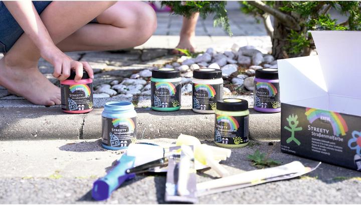 Produktbild Kreul Streety Strassenmalfarbe (Ringelsockenrot, Wolkenweiss, Luftballonlila, Badelatschenblau, Gummientengelb, 6 x)