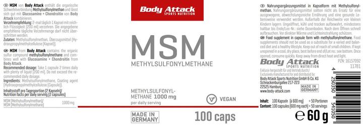 Nährwerte und Zutaten Body Attack MSM (100 Caps) (100 Stück, Kapseln)