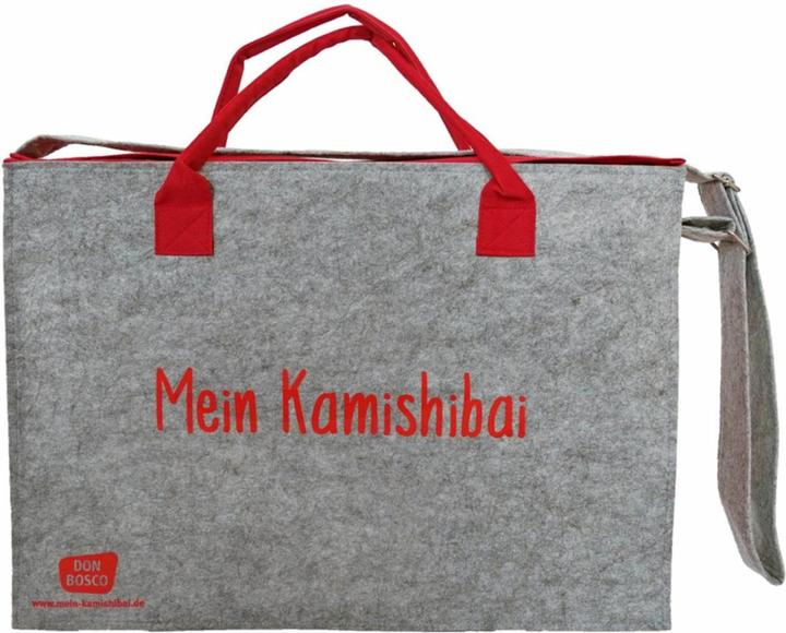 Produktbild Umhängetasche /"Mein Kamishibai/". Modell 2019. Aus grauem Filz, verstärktem Boden, roten Seitenteil