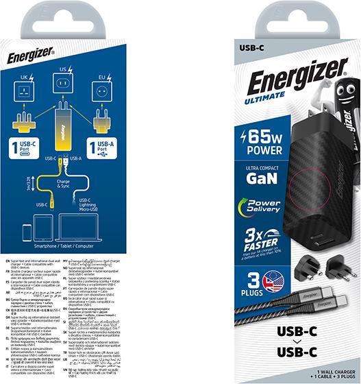 Actual product image Energizer Power Delivery Charger - 65 W - EU/UK/US incl. USB-C to USB-C cable (65 W)