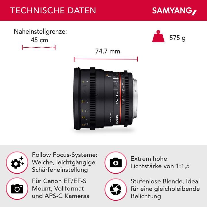 Actual product image Samyang 50mm T1.5 VDSLR Canon (Canon EF, full size)