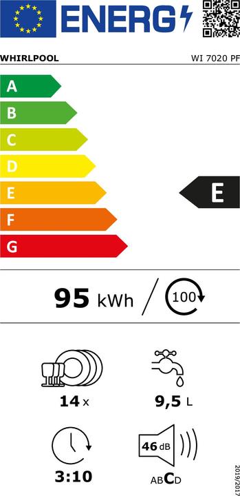 Etichetta energetica Whirlpool WI 7020 PF, Semi-incasso, Full size (60 cm), Argento, 1,3 m, 1,55 m, 1,5 m