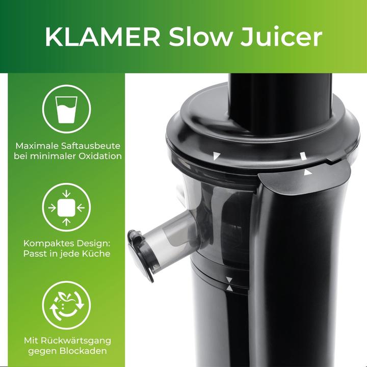 Actual product image KLAMER Slow Juicer Gemüse und Obst, Entsafter mit Rückwärtsgang, elektrische Fruchtpresse