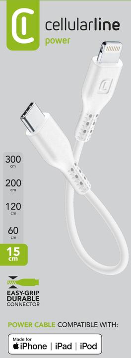 Image du produit Cellularline Power Cable 15cm - USB-C to Lightning (0.15 m, USB 3.2 Gen 1)