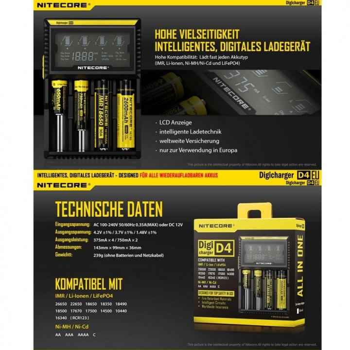 Actual product image Nitecore Charger Digicharger D4 EU with display for AAA, AA, C