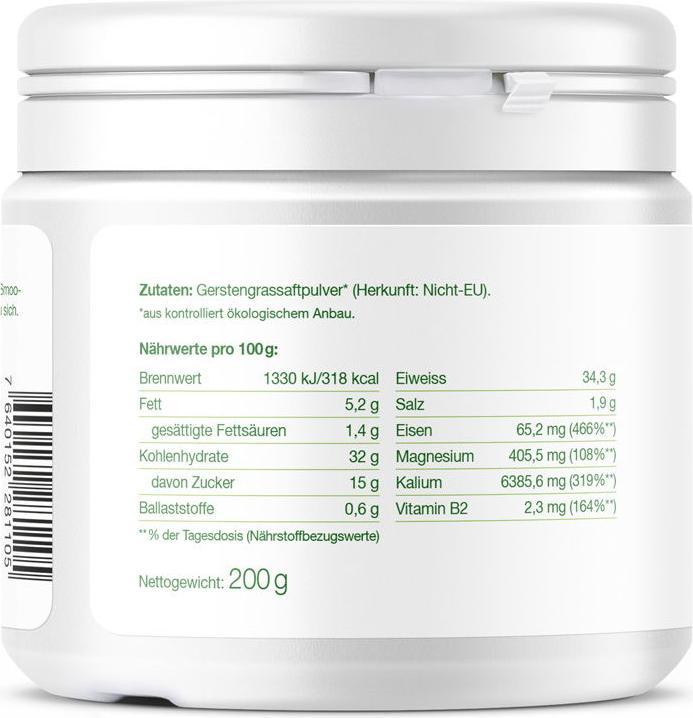 Valori nutrizionali e ingredienti Effective Nature Succo di erba d'orzo biologico in polvere (1 Pezzo/i, Polvere, 200 g)