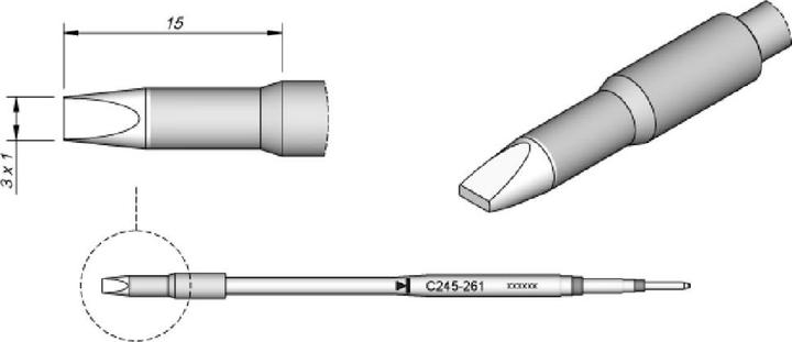 JBC Lötspitze Serie C245 Meisselform, C245261/3,0 x 1,0 mm, gerade, 20 mm länger