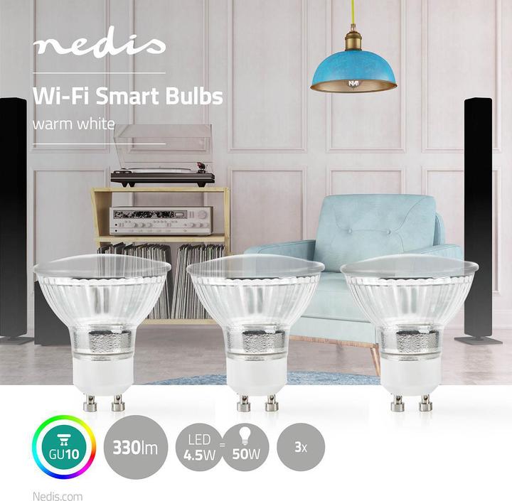 Produktbild Nedis SmartLife-LED-Glühbirne | Wi-Fi | GU10 | 330 lm | 5 W | Warmweiss | 2700 K | Energieklasse: A+ (GU10, 5 W, 330 lm, 3 x, G)