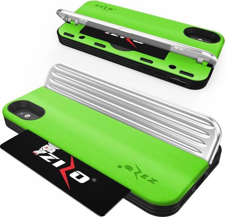 Actual product image Zizo Retro Series – iPhone Xs/X-Hülle mit Kartenfach + Ständer + 9H-Glasscheibe (Neongrün/Silber) (Apple iPhone XS)