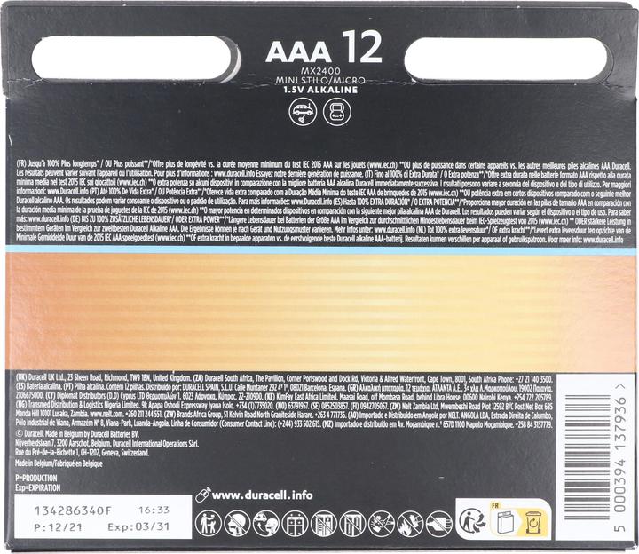 Actual product image Duracell Optimum AAA Mignon Alkaline Batteries, 1.5V LR03 MX2400, Pack of 12 (12 pcs., AA)
