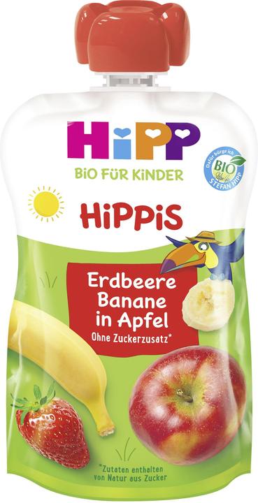 Actual product image Hipp Organic for Kids HiPPiS in a squeeze pouch : Strawberry-Banana in Apple with no added sugar, from 1+ (100 g)