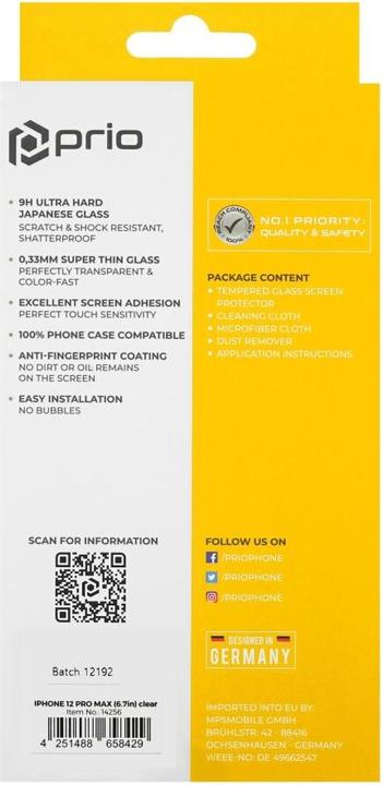 Produktbild prio Displayschutzglas für iPhone 12 Pro Max transparent (1 Stück, Apple iPhone 12 Pro Max)