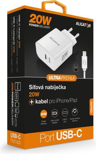 Productafbeelding Aligator Chytrá síťová nabíječka Power Delivery, USB-C kabel per iPhone/iPad, bílá (20 W)