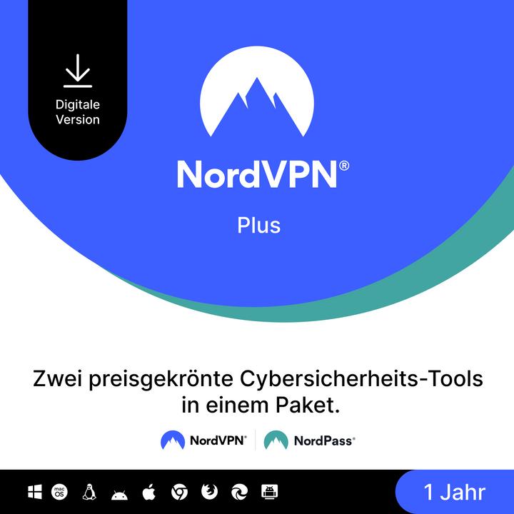 NordVPN Plus cyber security package (VPN and password manager) (1 User, 10 Devices/Users, 12 months)