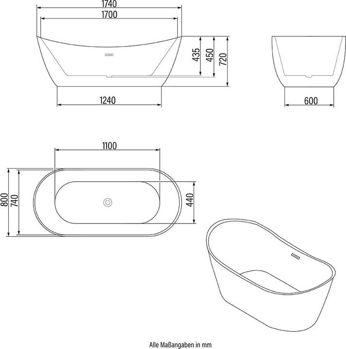 Produktbild Home Deluxe Badewanne freistehend RAVO ohne Armatur - 170x80x72cm (80 cm, 170 cm)