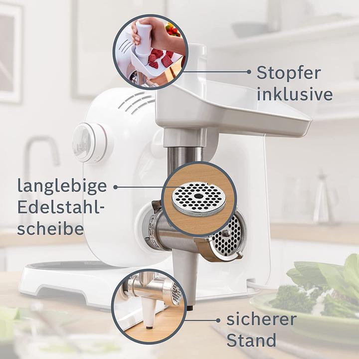 Produktbild Bosch Hausgeräte Fleischwolf-Aufsatz, Stopfer, Edelstahl Loch-Scheibe 4,5 mm, MUZ5FW1