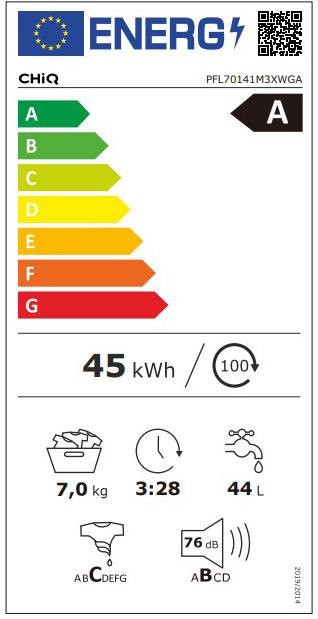 Etichetta energetica CHiQ Lavatrice PFL70141M3XWGA 7kg/1400rpm wh A (spedizione) (7 kg)
