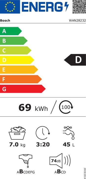 Energie-Label Bosch Hausgeräte Serie 4 WAN28232 Waschmaschine Freistehend Frontlader D (7 kg, Links)