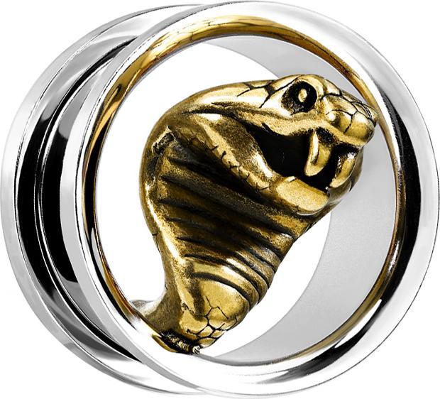 Image du produit Star Piercing Flesh Tunnel argenté avec un cobra doré (sans laiton, Acier chirurgical 316L)