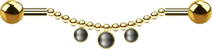 Produktbild Star Piercing Barbell vergoldet zwei Kugeln Kette drei Perlen schwarz (Chirurgenstahl 316L, ohne Messing)