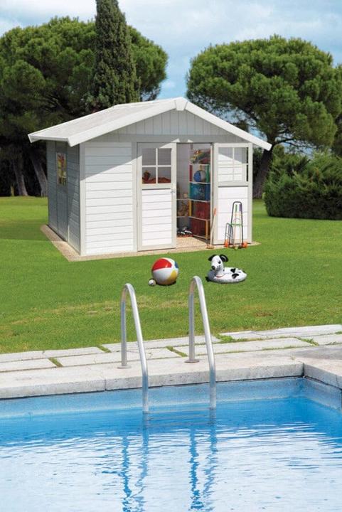 Produktbild Grosfillex Gartenhaus Lodge Deco L 315 x 239 cm grau-weiss