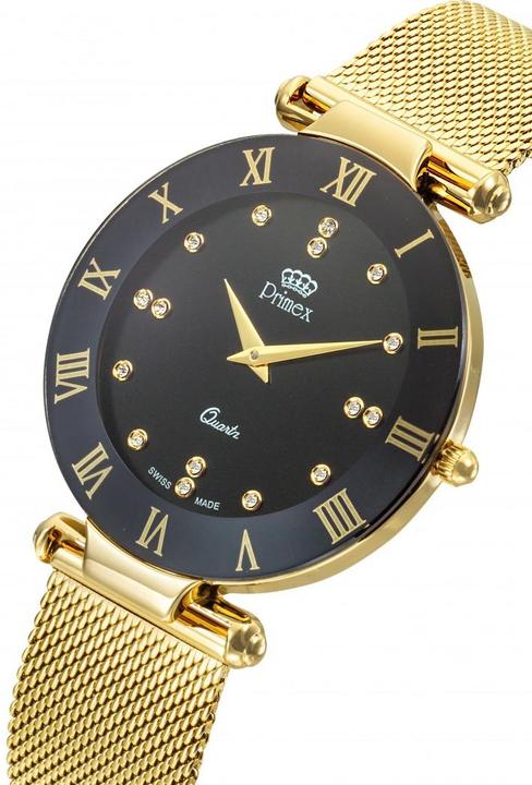 Image du produit Primex Montre Dame Swiss Made Bracelet Metal Dore Cadran Noir Etanche 30 M Grande (Montre analogique, 40 mm)