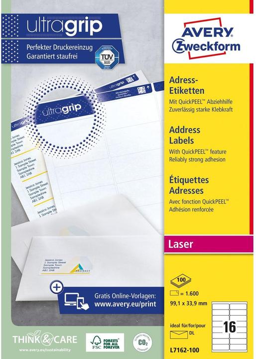 Actual product image Avery Address labels 99.1x33.9mm L7162-100 weiss 1600 Stk./100 Blatt