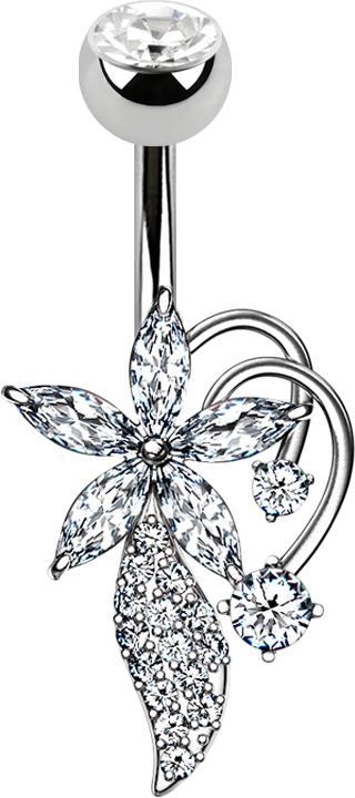 Produktbild Star Piercing Banane silber mit Kugel Kristall silber Kristallblume und Strauss (Messing, Chirurgenstahl 316L)