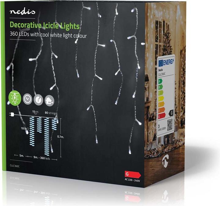 Actual product image Nedis Decorative icicle lights | 360 LED's | Cold white | 9 m | Light effects: 7 | Mains power supply (14 m)