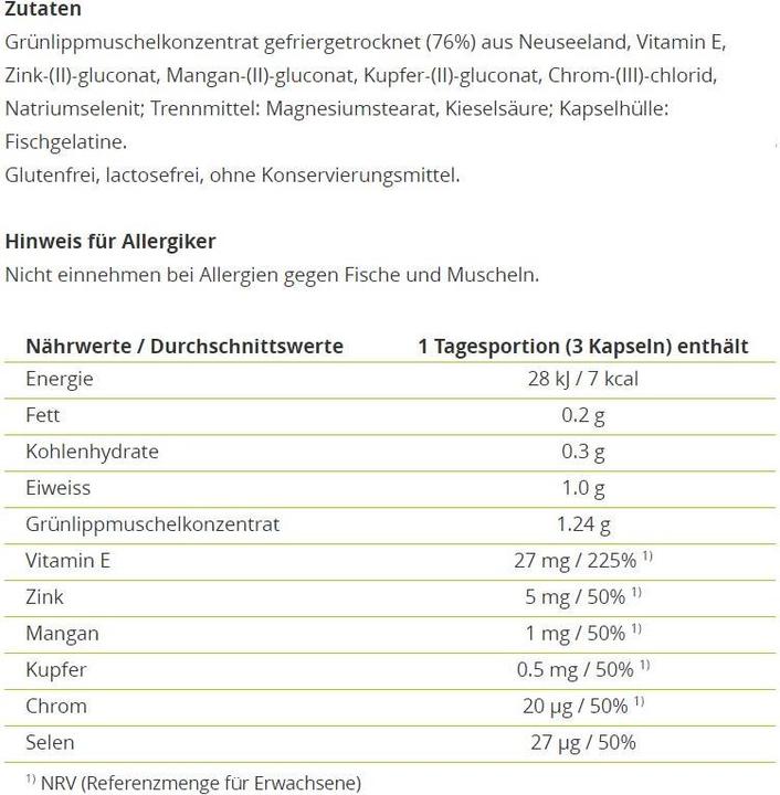 Nährwerte und Zutaten Alpinamed Grünlippmuschel (120 Stück, Kapseln, 140 g)