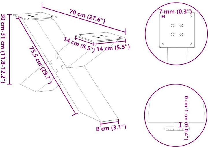 Produktbild VidaXL Couchtischbeine X-Form 2 Stk. Schwarz 70x(30-31) cm Stahl Tischbein