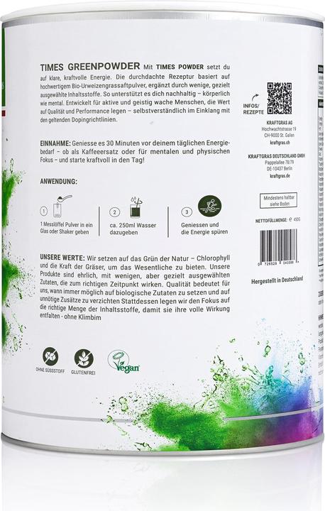 Nährwerte und Zutaten Kraftgras Greenpowder Times (1 Stück, Pulver, 450 g)