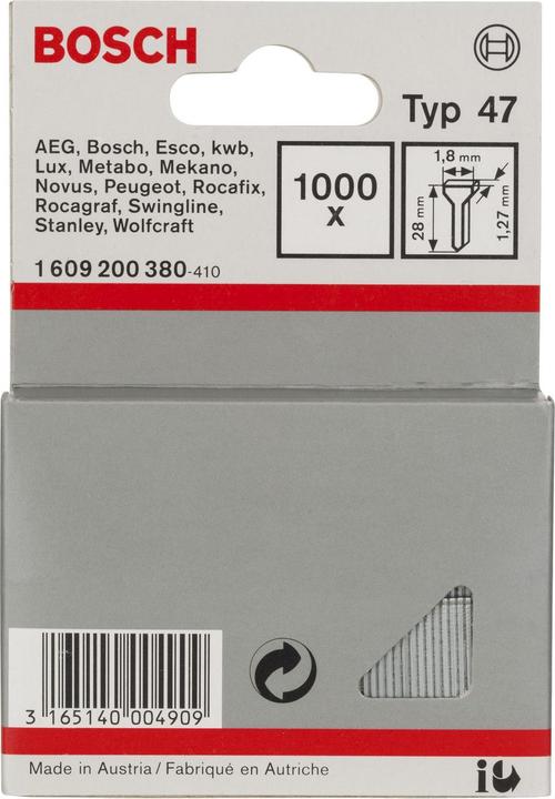 Image du produit Bosch Professional Zubehör Clous à agrafer type 47, 1,8 x 1,27 x 28 mm, pack de 1000