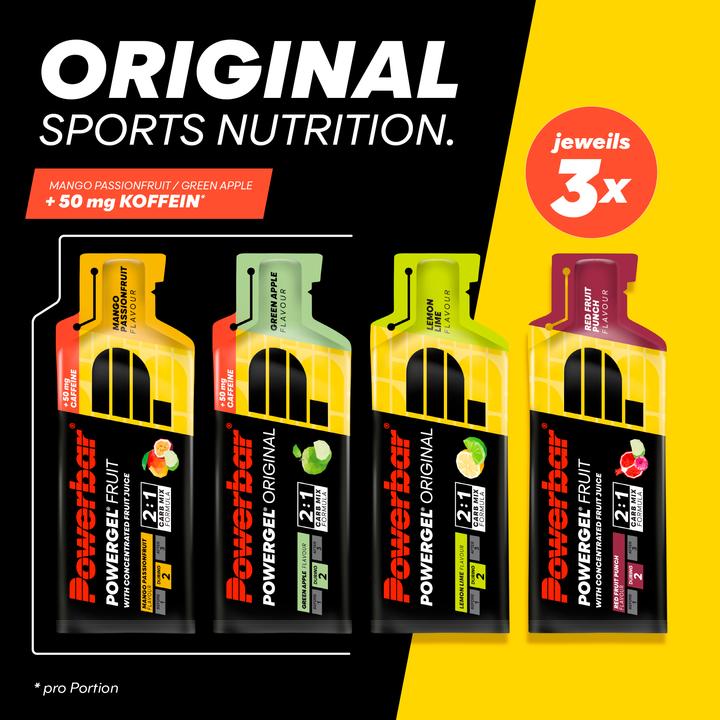 Produktbild Powerbar PowerGel Multiflavour Box (Zitrone, Limette, Himbeer, Granatapfel, Grüner Apfel, Mango, Koffein, Maracuja, 12 Stk., 492 g)