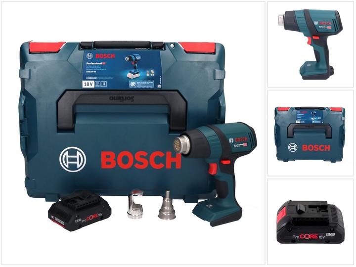 1x Bosch GHG 18V-50 Professional cordless hot air blower, 1x reflector nozzle (32 x 33 mm), 1x reducing nozzle (9 mm), 1x Bosch ProCORE 18 V 4.0 Ah rechargeable battery, 1x Bosch L-Boxx