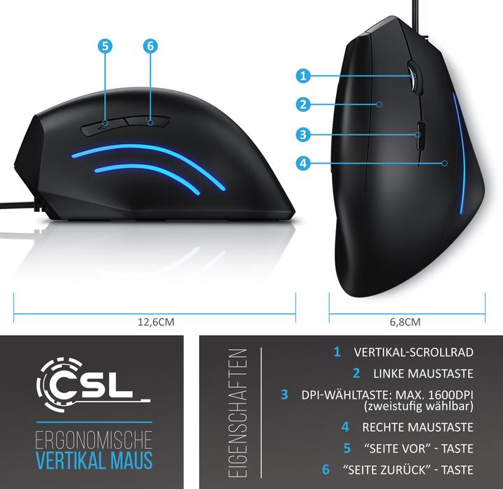 Image du produit CSL Souris USB verticale, filaire, souris verticale ergonomique pour la prévention du bras de (Filaire)