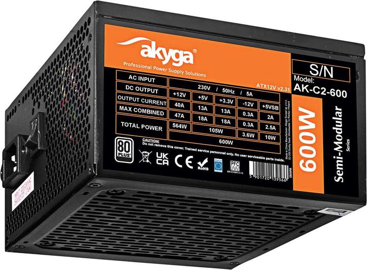 Immagine prodotto Akyga Alimentatore ATX 600W AK-C2-600 Semi-Modulare P4+4 2x PCI-E 6+2 pin 5x SATA 3x Molex FAN 12cm (600 W)