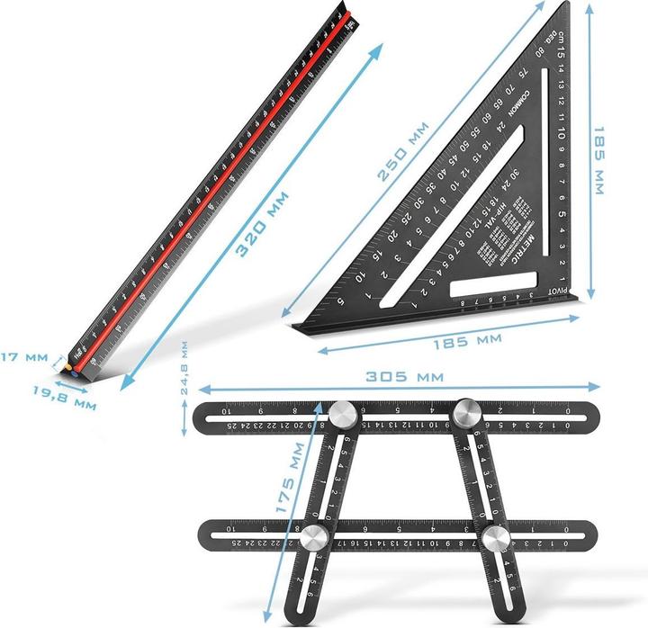 Produktbild Stahlwerk Lineal Set mit Multiwinkel-Messlineal, Dreikant-Lineal, Winkeldreieck (300 mm)