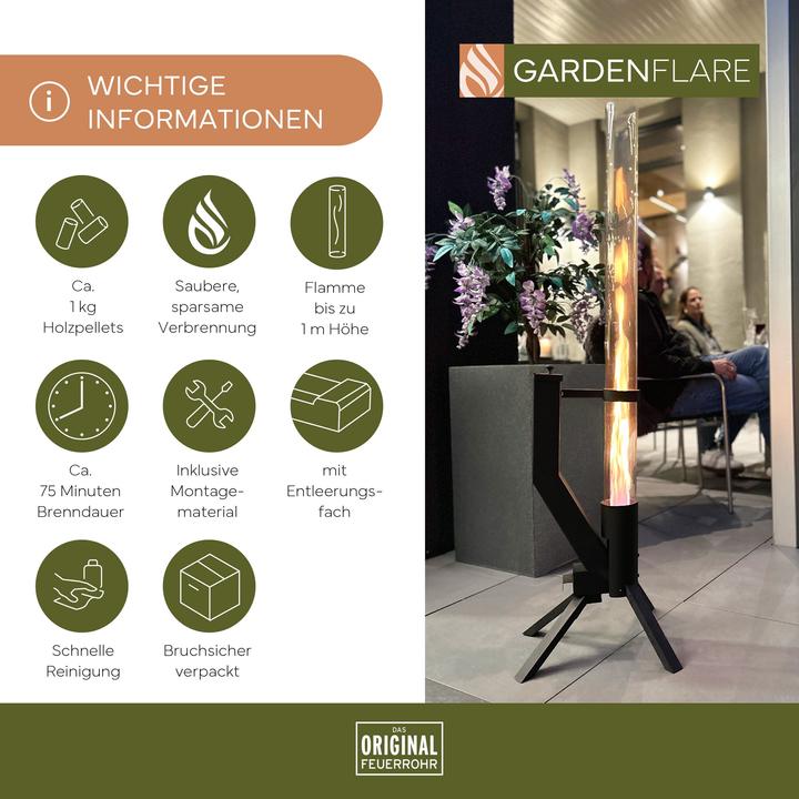 Produktbild Gardenflare Feuerrohr – elegante Edelstahl Feuersäule und Pelletfackel - schwarz (106 cm)