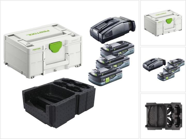 3x Festool BP 18 Li 4,0Ah HPC-ASI Akkupack 18V 4,0Ah HighPower Akku Bluetooth mit Airstream, 1x Festool SCA 16 Schnellladegerät 10,8 V - 18 V, 1x Festool Systainer SYS3 M 187, passende Einlage