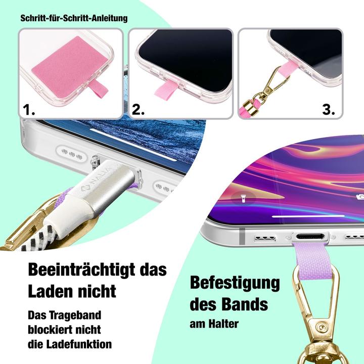Produktbild Nalia Handyband + Pad für Hülle zum Umhängen, Karabinerhaken Anhänger aus Metall (gold)