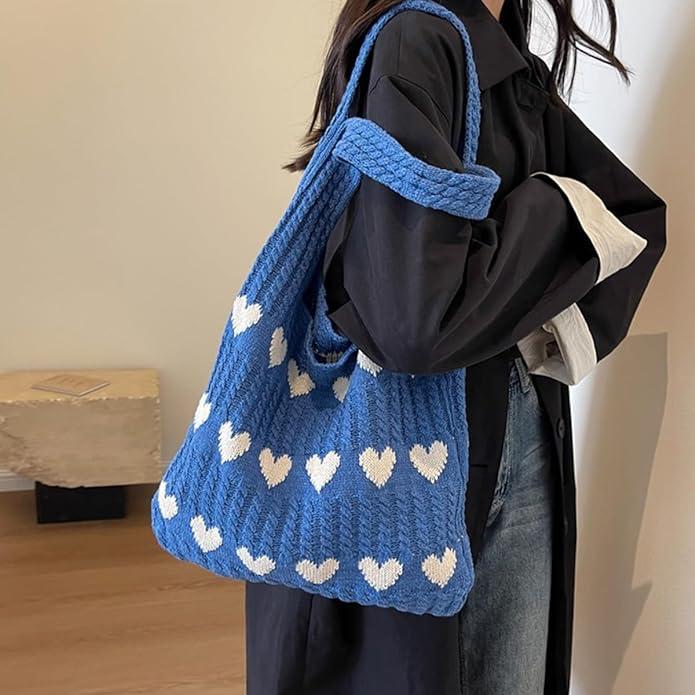 Produktbild Only-Bags.Store Minimalistische Liebe Muster Hobo Tasche, gestrickt Lagerung Einkaufstasche, leichte Urlaub Tasche