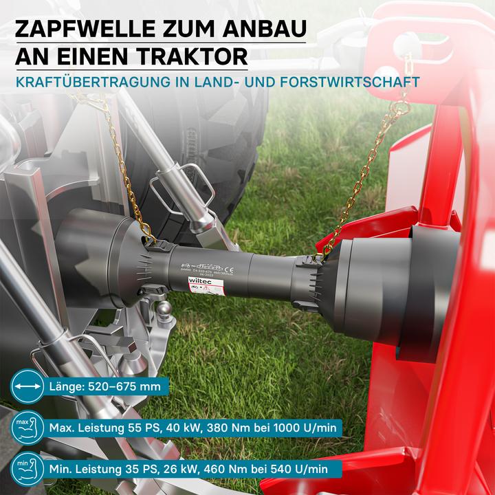 Produktbild Wiltec Zapfwelle T4 Gelenkwelle 520-675mm 460Nm 540U/min PTO-Shaft 40kW 1 3/8" 6 Zähne (Traktorzubehör)